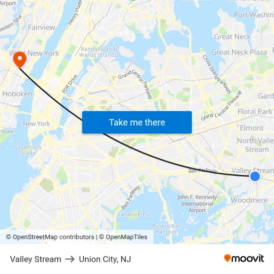 Valley Stream to Union City, NJ map