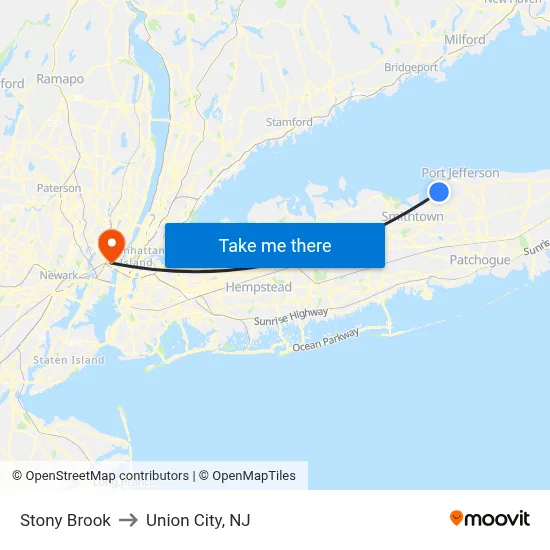 Stony Brook to Union City, NJ map