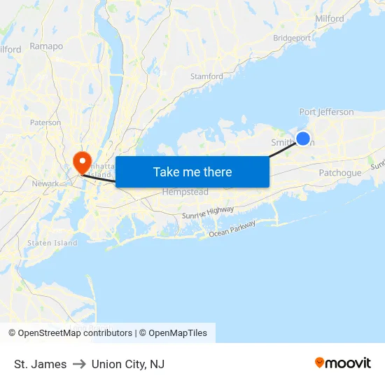 St. James to Union City, NJ map