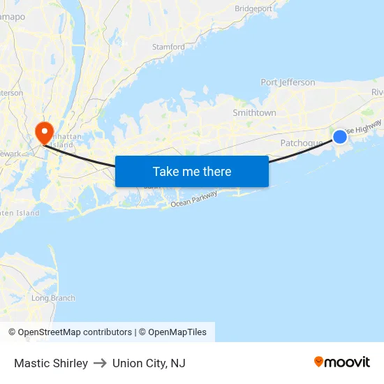 Mastic Shirley to Union City, NJ map