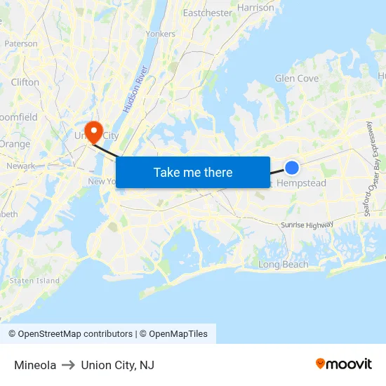 Mineola to Union City, NJ map