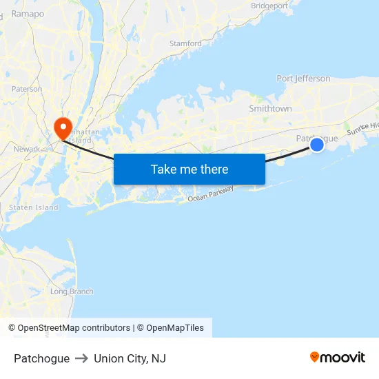 Patchogue to Union City, NJ map