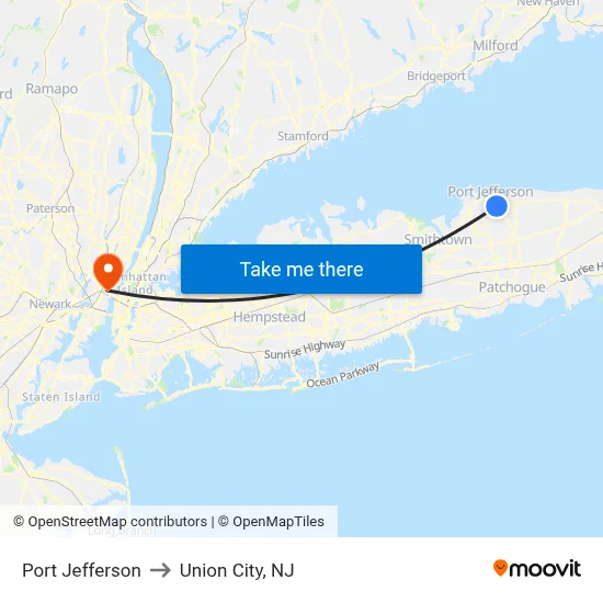 Port Jefferson to Union City, NJ map