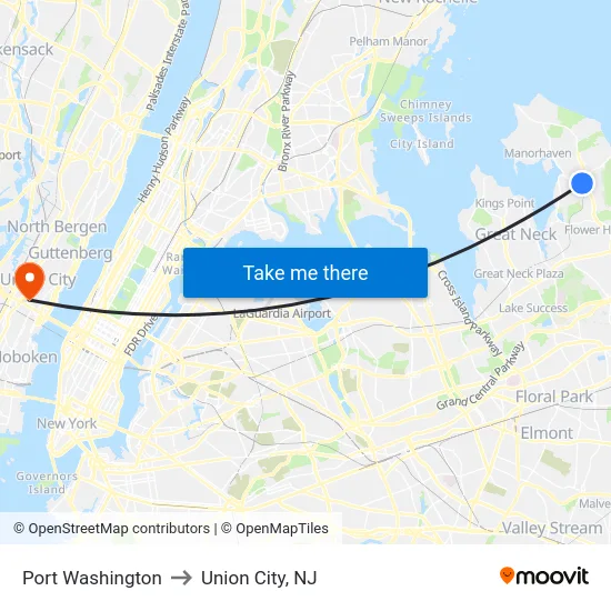 Port Washington to Union City, NJ map