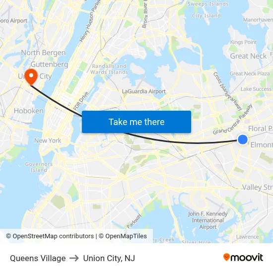 Queens Village to Union City, NJ map