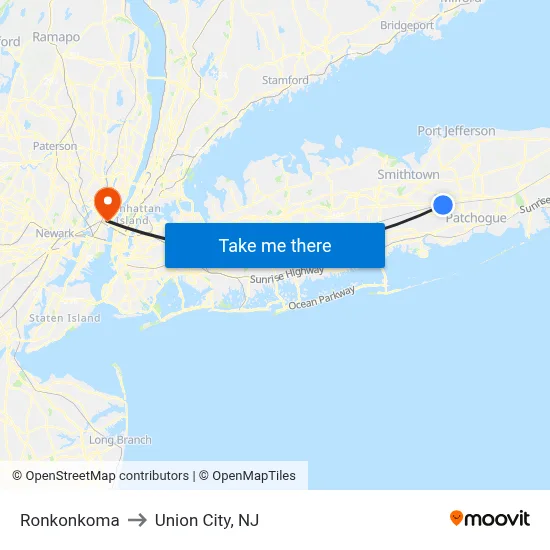 Ronkonkoma to Union City, NJ map