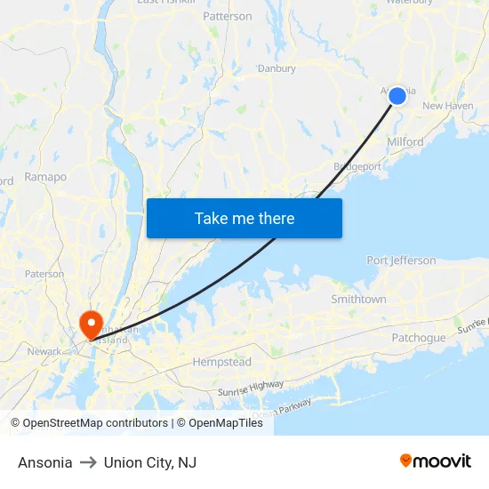 Ansonia to Union City, NJ map