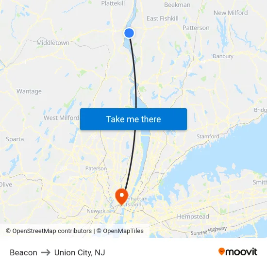 Beacon to Union City, NJ map