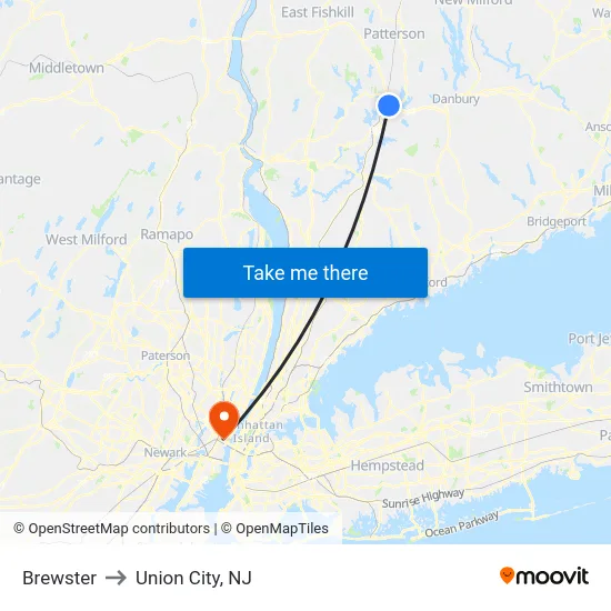Brewster to Union City, NJ map