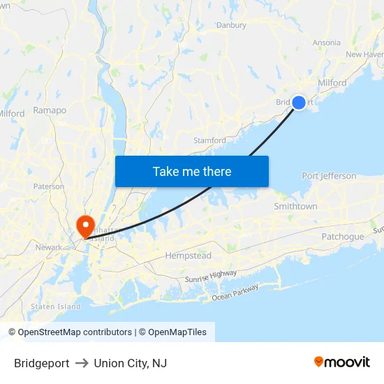 Bridgeport to Union City, NJ map