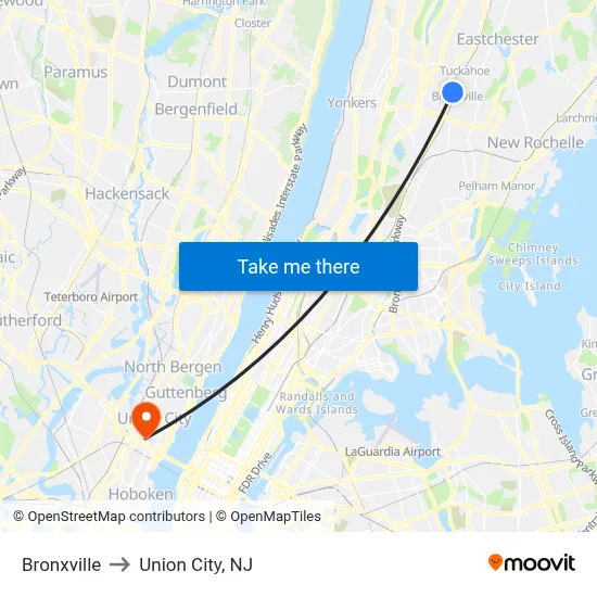 Bronxville to Union City, NJ map