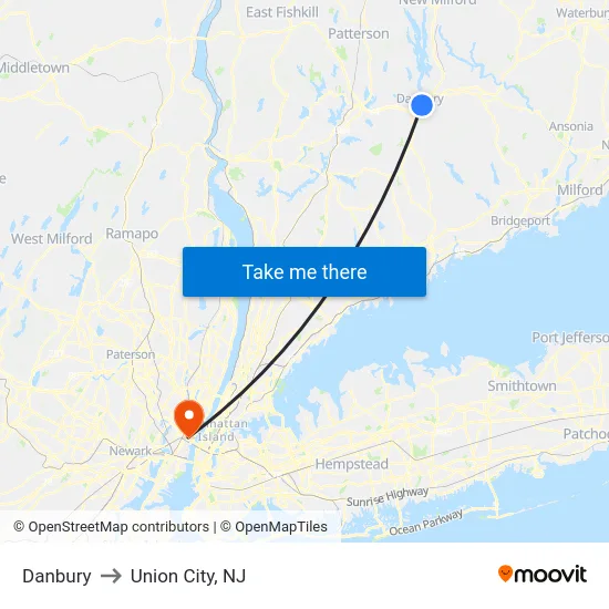 Danbury to Union City, NJ map