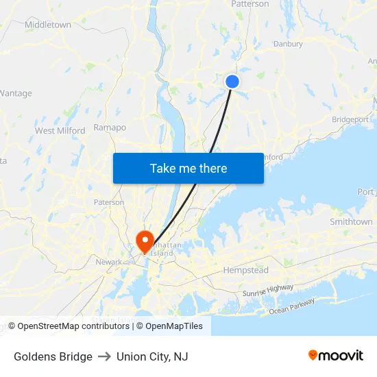 Goldens Bridge to Union City, NJ map