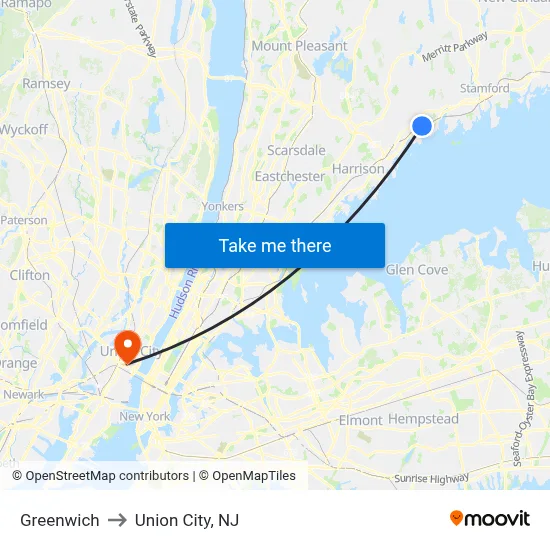 Greenwich to Union City, NJ map