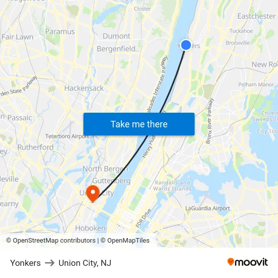 Yonkers to Union City, NJ map