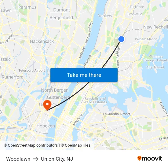 Woodlawn to Union City, NJ map