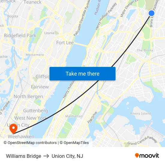 Williams Bridge to Union City, NJ map