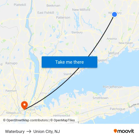 Waterbury to Union City, NJ map