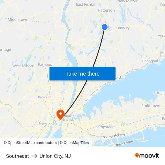 Southeast to Union City, NJ map