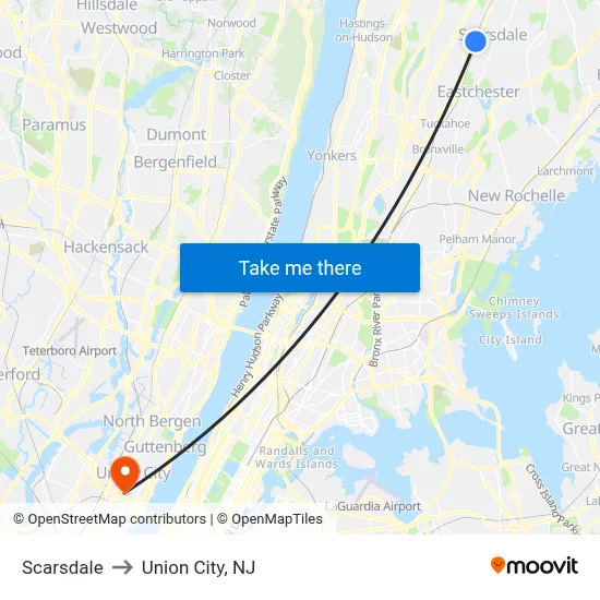 Scarsdale to Union City, NJ map