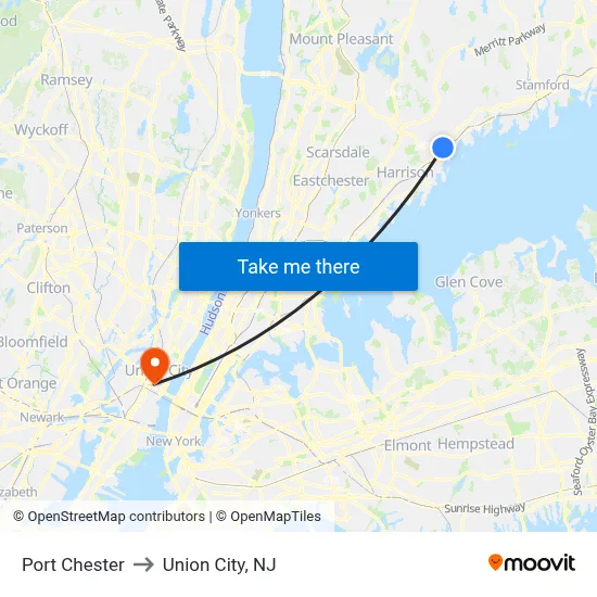 Port Chester to Union City, NJ map