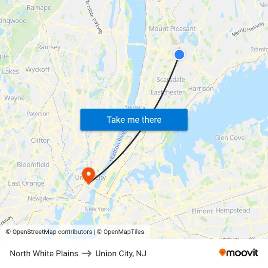 North White Plains to Union City, NJ map