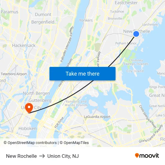 New Rochelle to Union City, NJ map