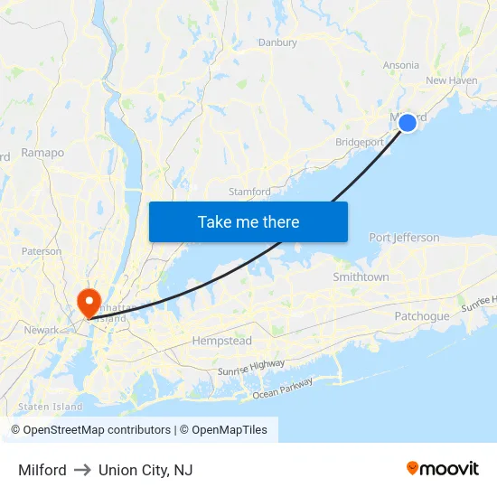 Milford to Union City, NJ map