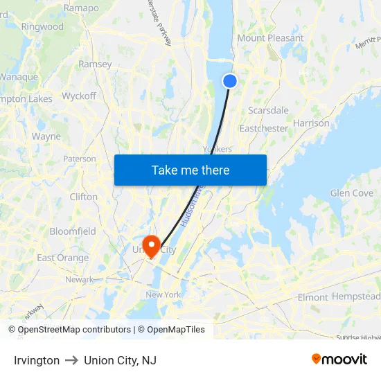 Irvington to Union City, NJ map