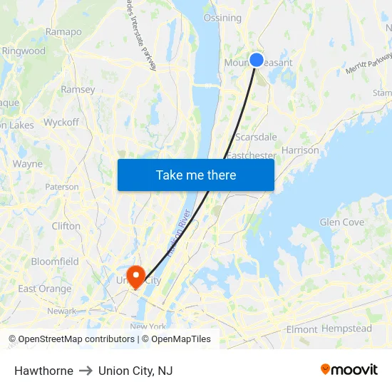 Hawthorne to Union City, NJ map