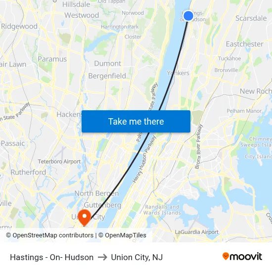 Hastings - On- Hudson to Union City, NJ map