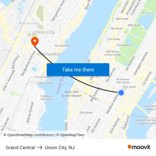 Grand Central to Union City, NJ map