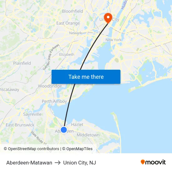 Aberdeen-Matawan to Union City, NJ map