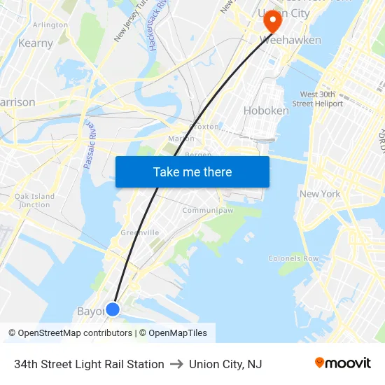 34th Street Light Rail Station to Union City, NJ map