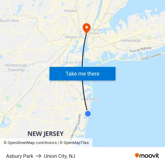 Asbury Park to Union City, NJ map
