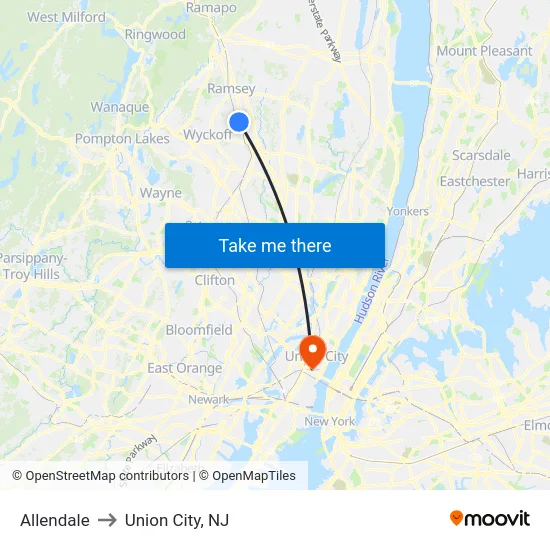 Allendale to Union City, NJ map