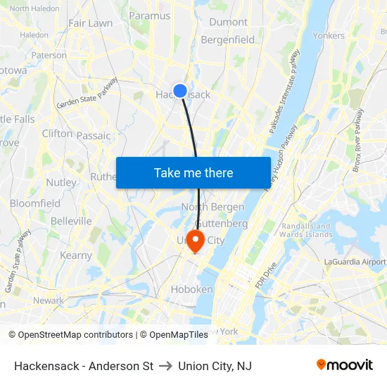 Hackensack - Anderson St to Union City, NJ map