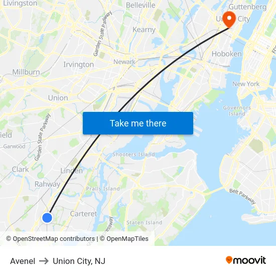 Avenel to Union City, NJ map