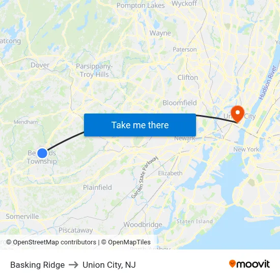 Basking Ridge to Union City, NJ map