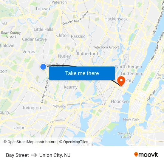 Bay Street to Union City, NJ map