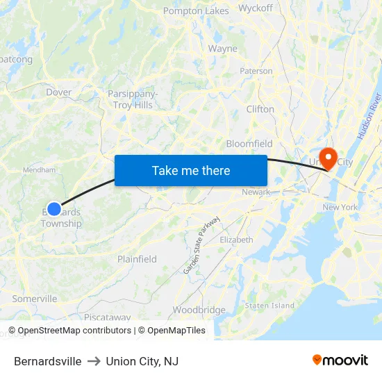 Bernardsville to Union City, NJ map