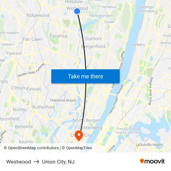 Westwood to Union City, NJ map