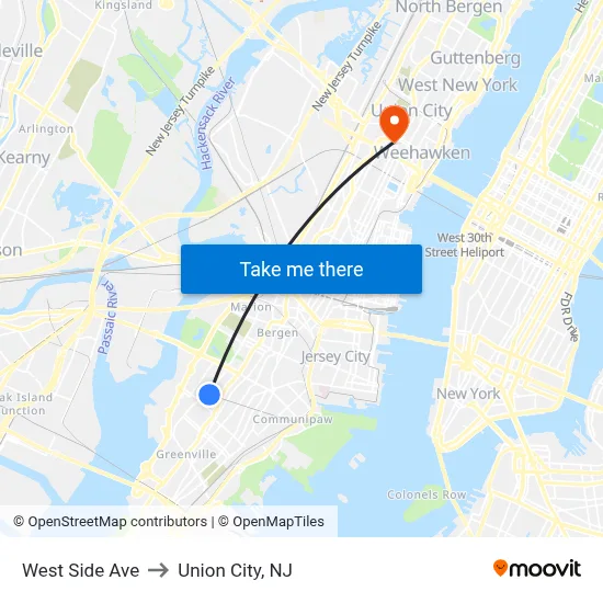West Side Ave to Union City, NJ map