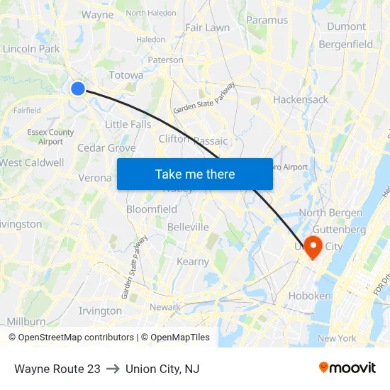 Wayne Route 23 to Union City, NJ map
