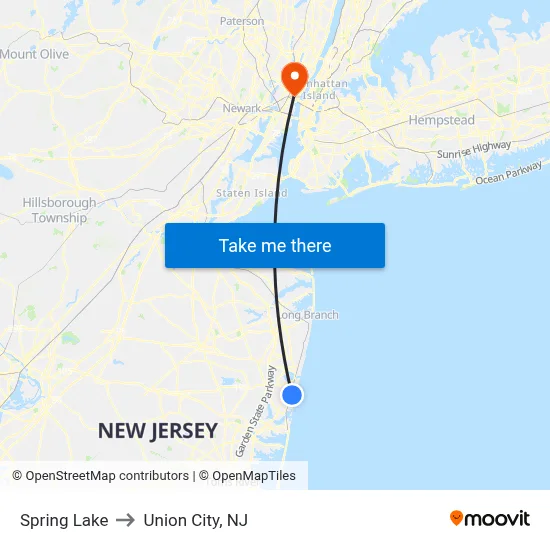 Spring Lake to Union City, NJ map