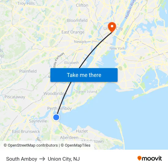 South Amboy to Union City, NJ map