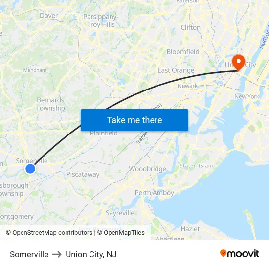 Somerville to Union City, NJ map