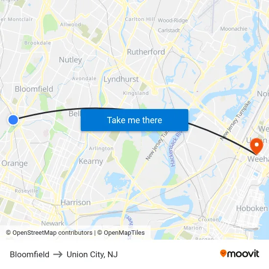 Bloomfield to Union City, NJ map