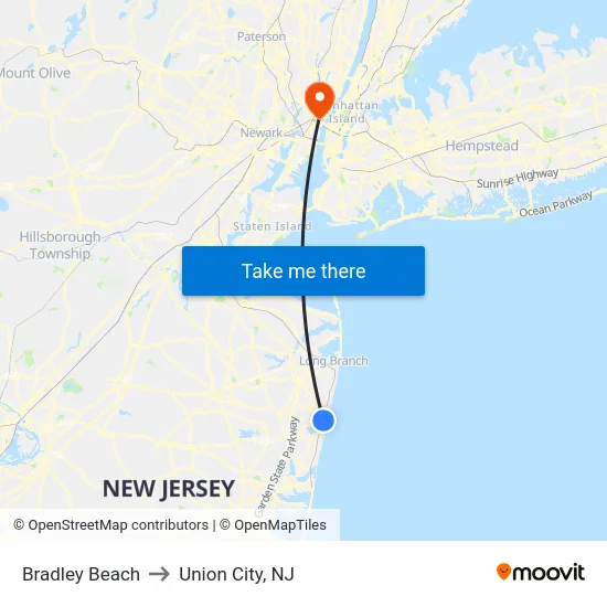 Bradley Beach to Union City, NJ map