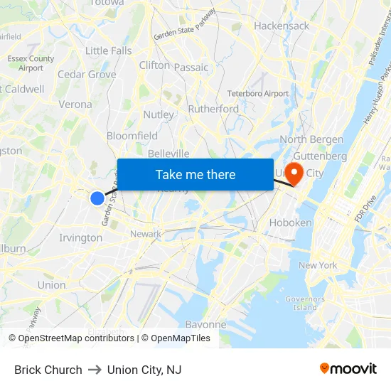 Brick Church to Union City, NJ map